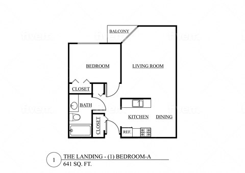 Floor plan for 1 bed, 1 bath, 641 sqft